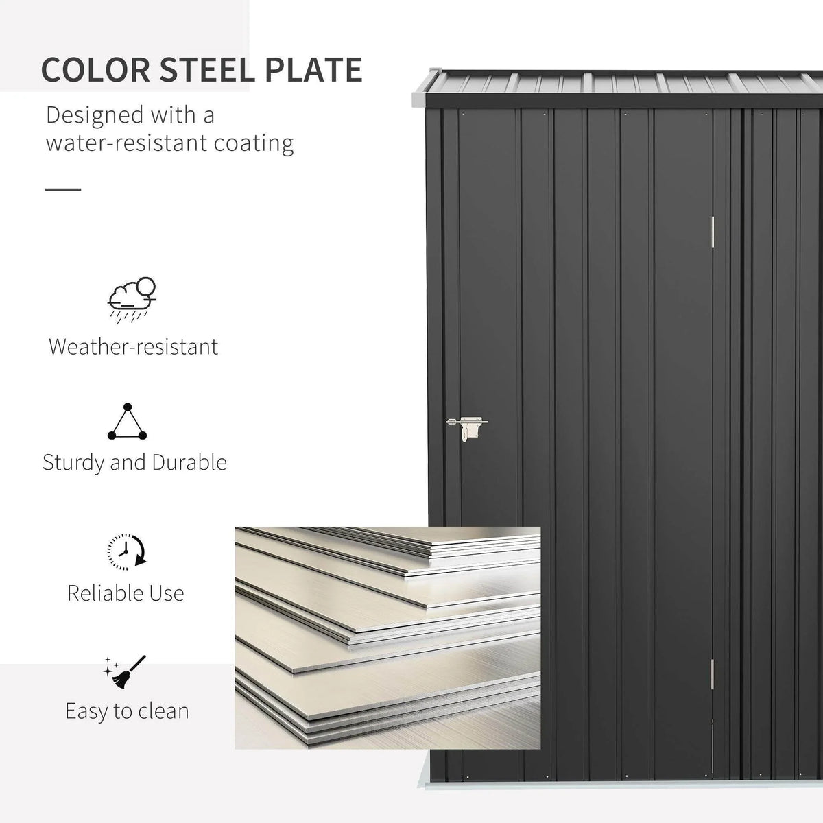 Steel plate storage shed with weather-resistant dark gray panels and latch