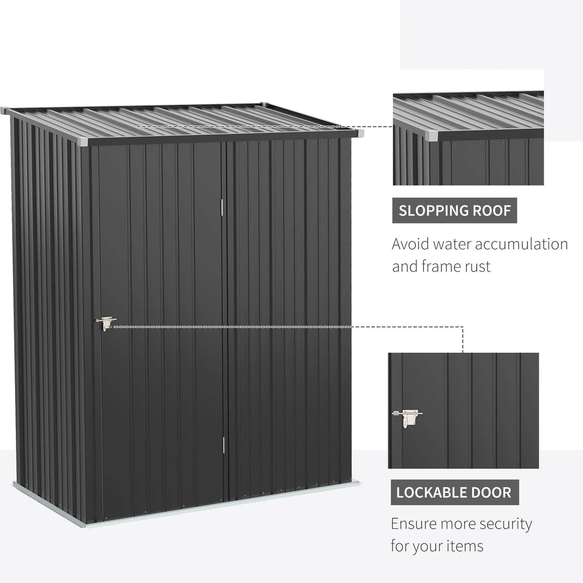 Outdoor metal storage shed with sloping roof and lockable door, dark gray finish