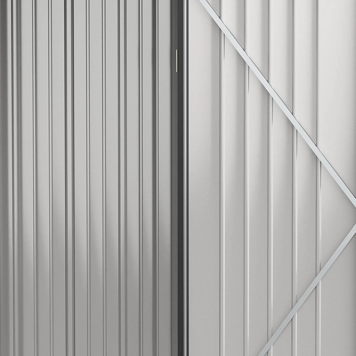 Metal shed door panels with diagonal brace, light interior panel and dark frame