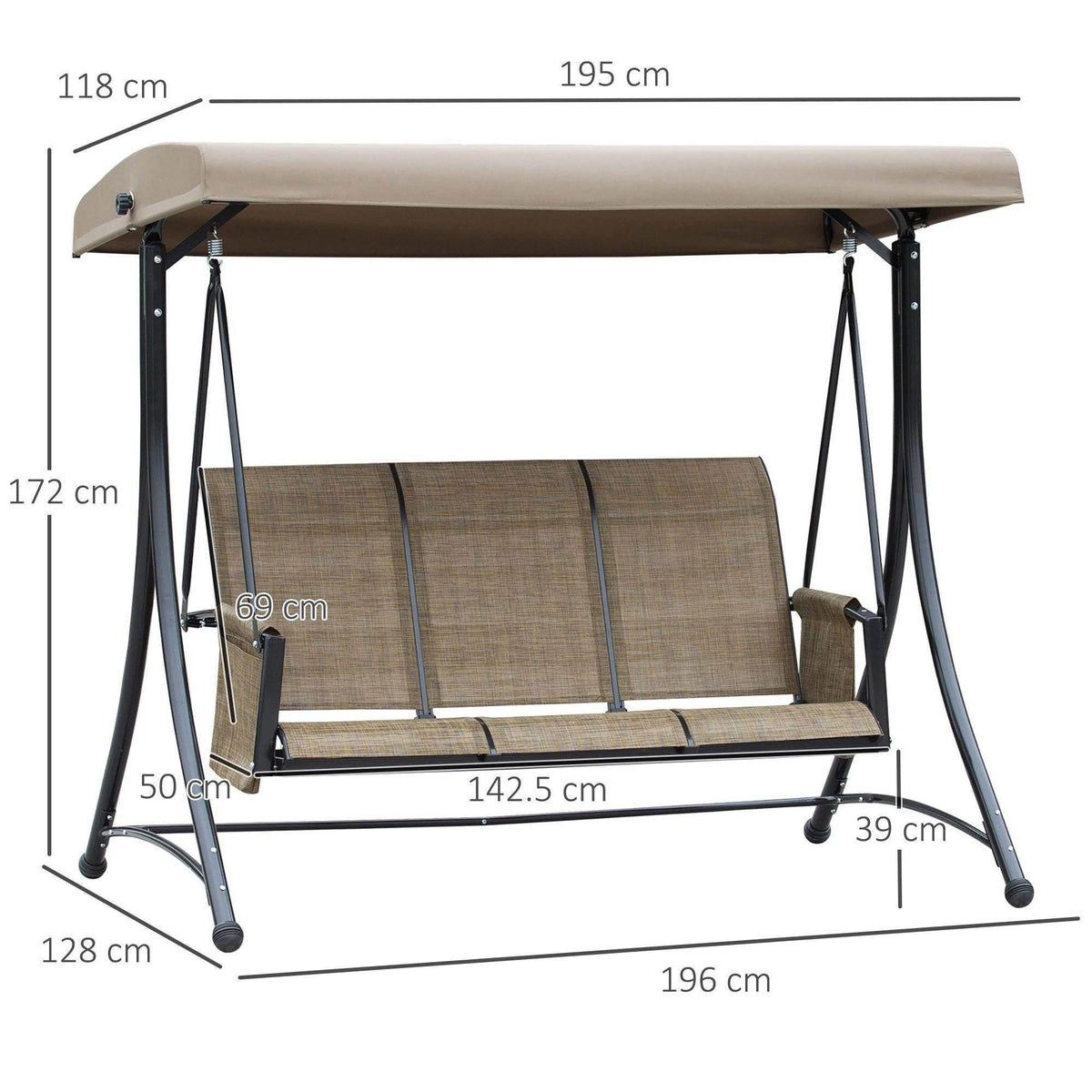 3-seat swing bench chair with beige canopy, brown/gray sling seat and black frame