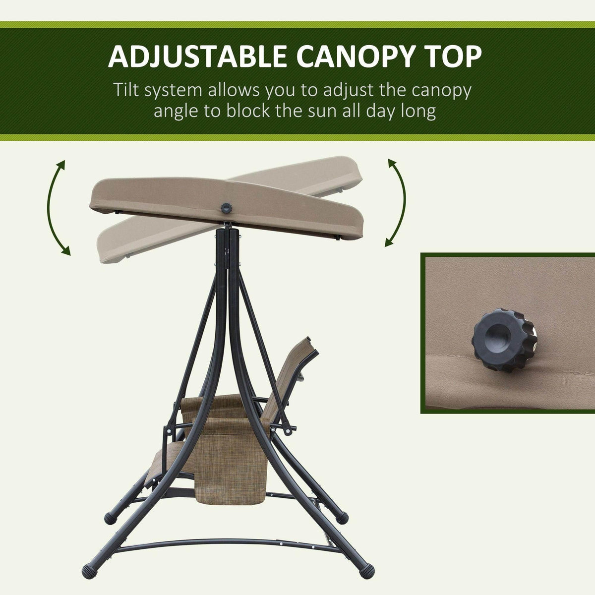 Adjustable beige canopy top on a swing bench, brown woven seat and black legs