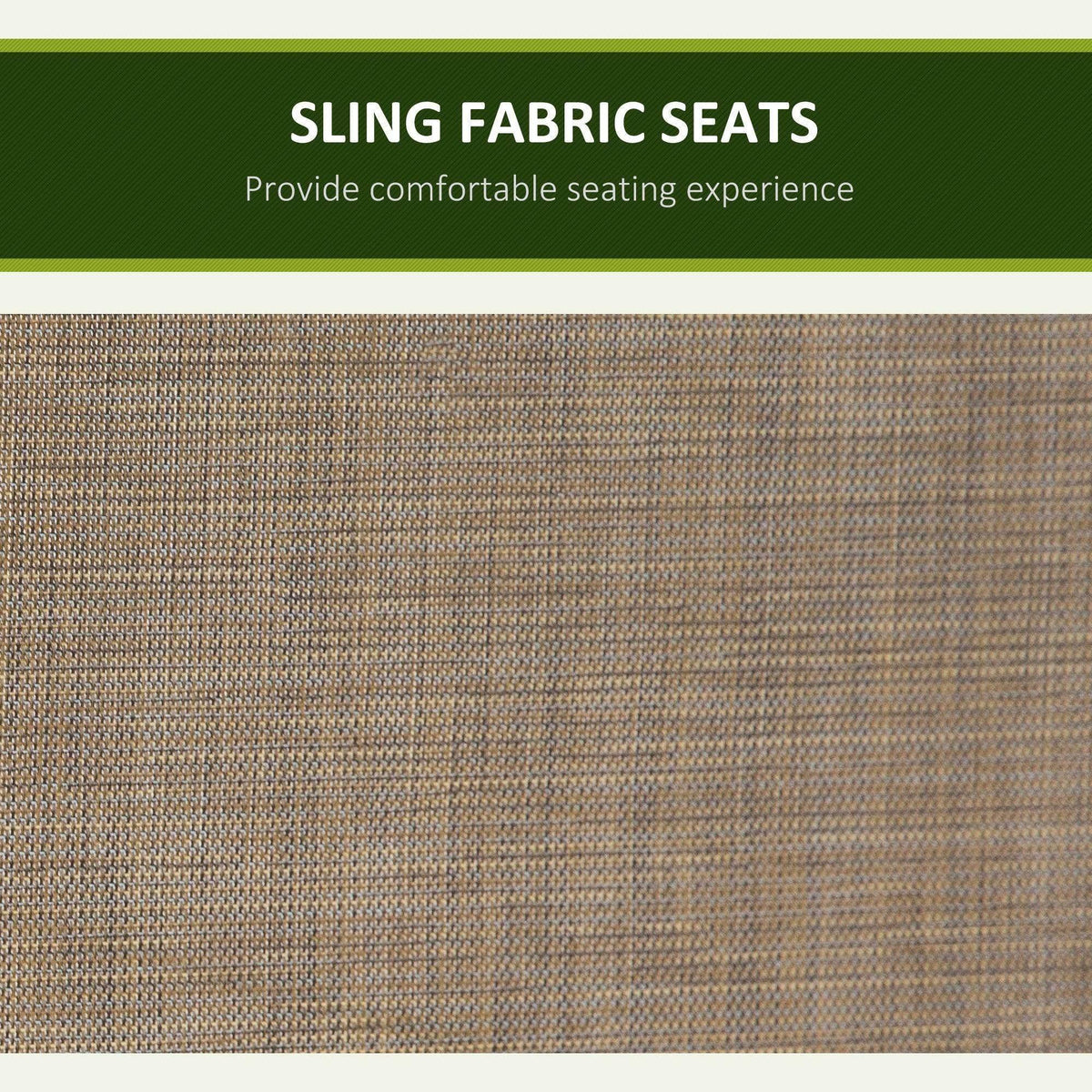 Brown woven sling fabric seat with visible texture and stitched panel lines