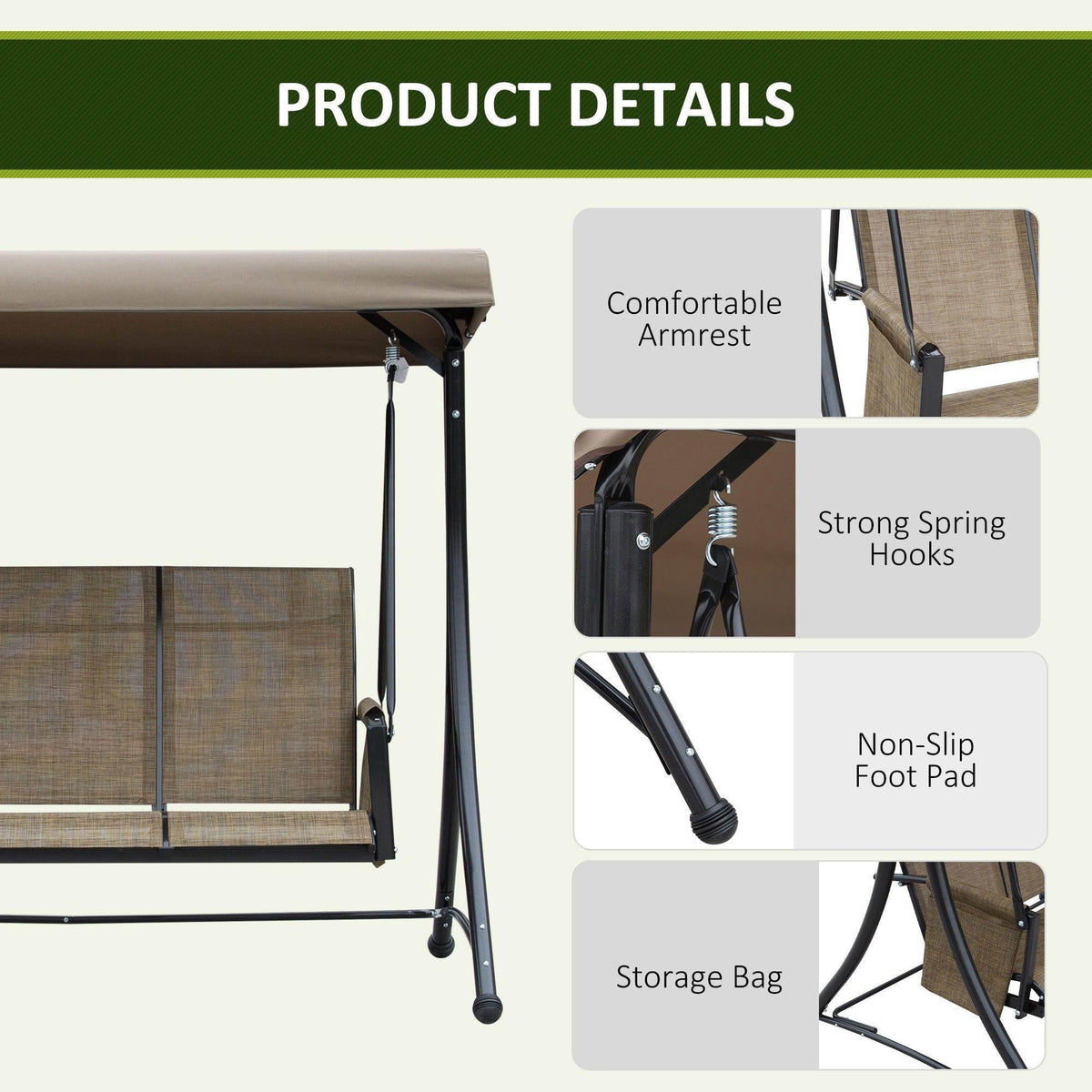 Swing bench chair with beige canopy, black frame, spring hooks and non-slip feet