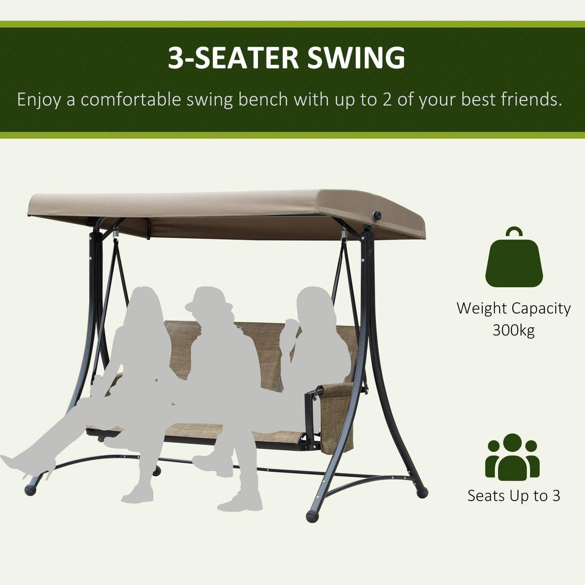 Beige-canopy swing bench chair with black frame and brown woven 3-seat sling