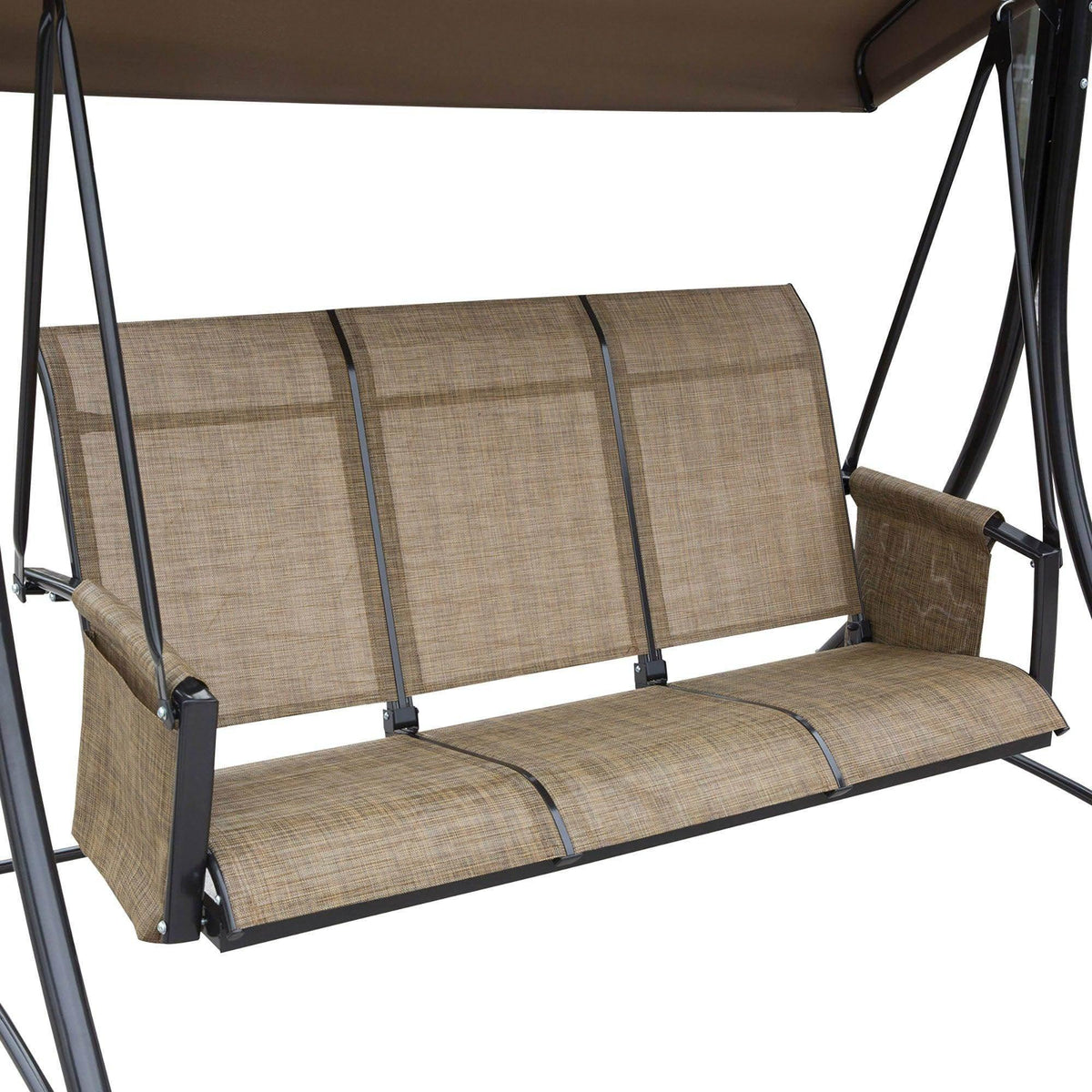 Brown woven sling swing seat and back with blue piping, black support frame