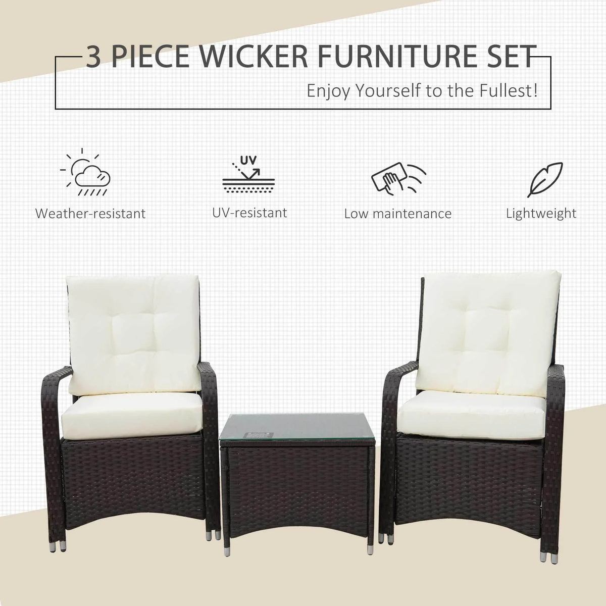 3-piece outdoor wicker bistro set with dark brown woven chairs and cream cushions