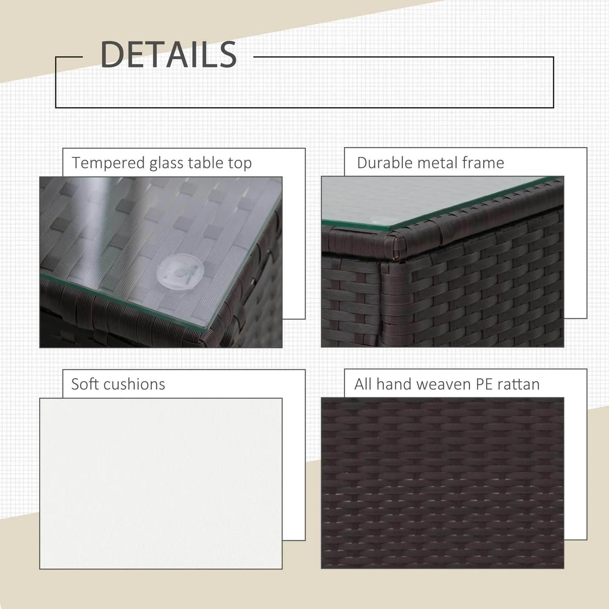 Outdoor wicker bistro set details: tempered glass table top, woven PE, cushions