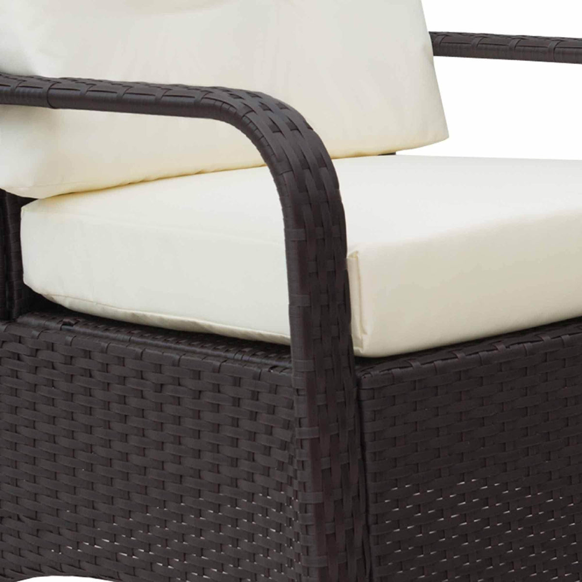 Dark brown woven armchair with thick cream cushion for outdoor bistro seating
