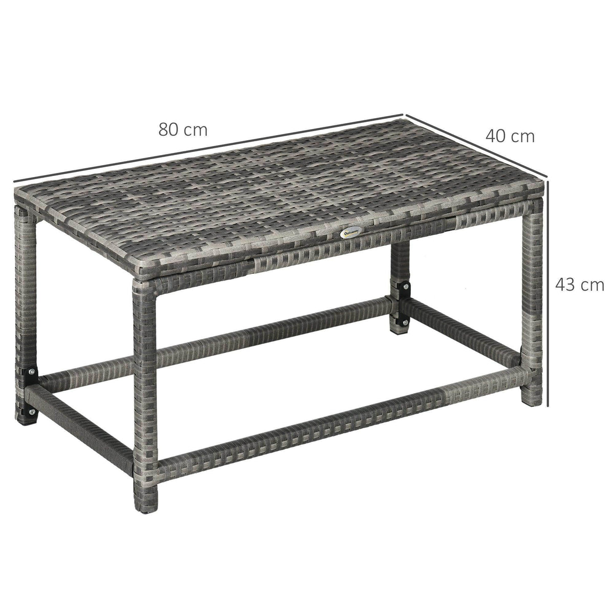 Grey woven rattan coffee table with open shelf, straight legs and X-frame support
