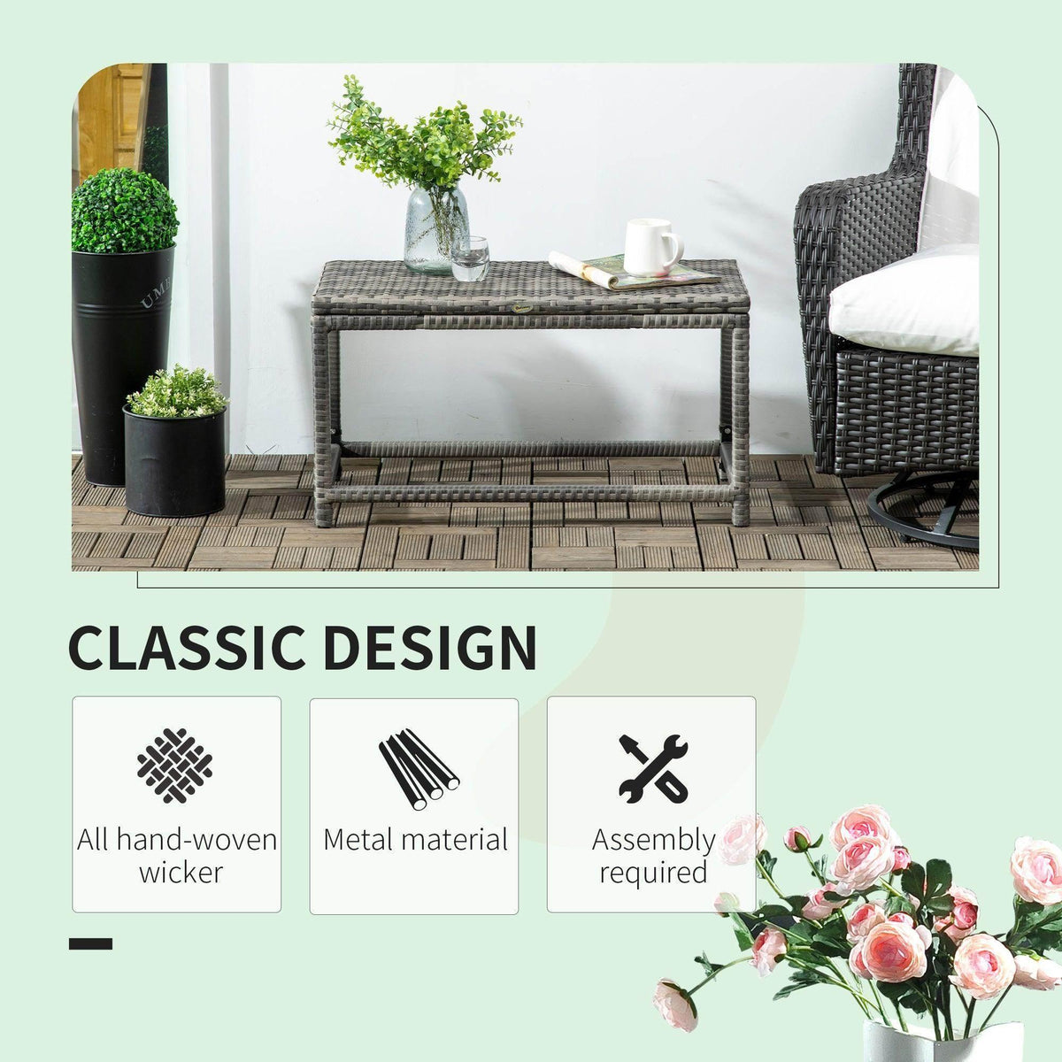 Grey woven rattan coffee table with open shelf and mug cups on the tabletop