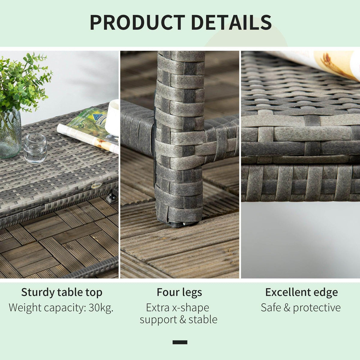 Grey woven rattan coffee table details: stacked wicker post, braided edges, curved corners