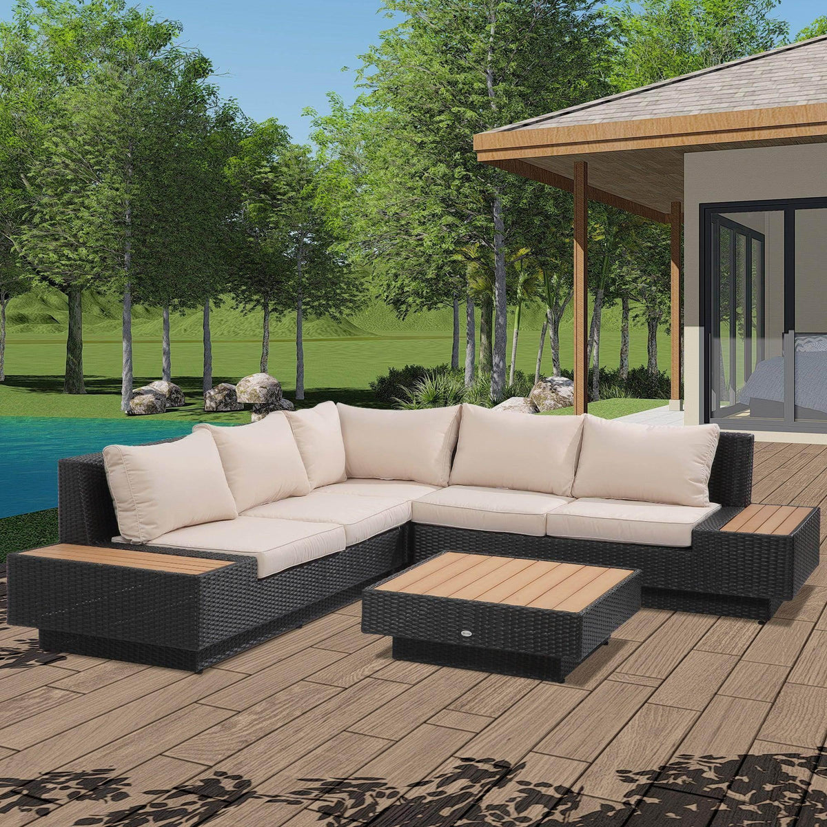 Outdoor rattan corner sofa set with cream cushions and black woven armrests