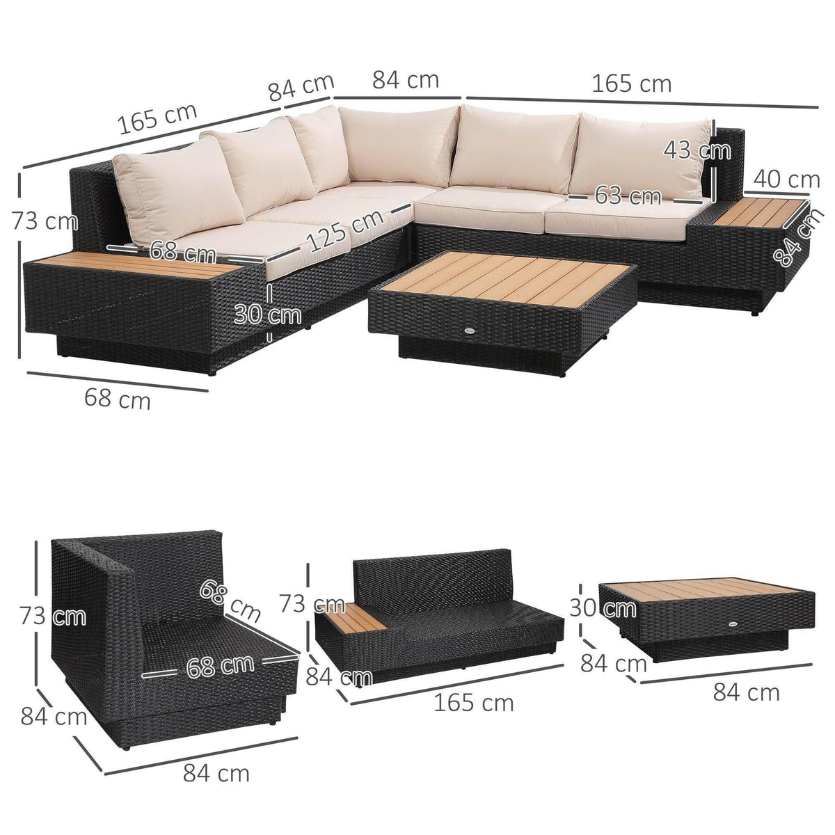 Black woven corner sofa set with coffee table and cream seat cushions, layout view