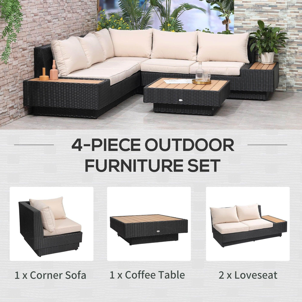 4-piece outdoor rattan sofa set with coffee table, black frame, cream cushions