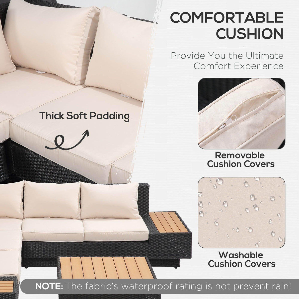 Cream thick outdoor sofa cushions with removable, washable covers on black rattan seating