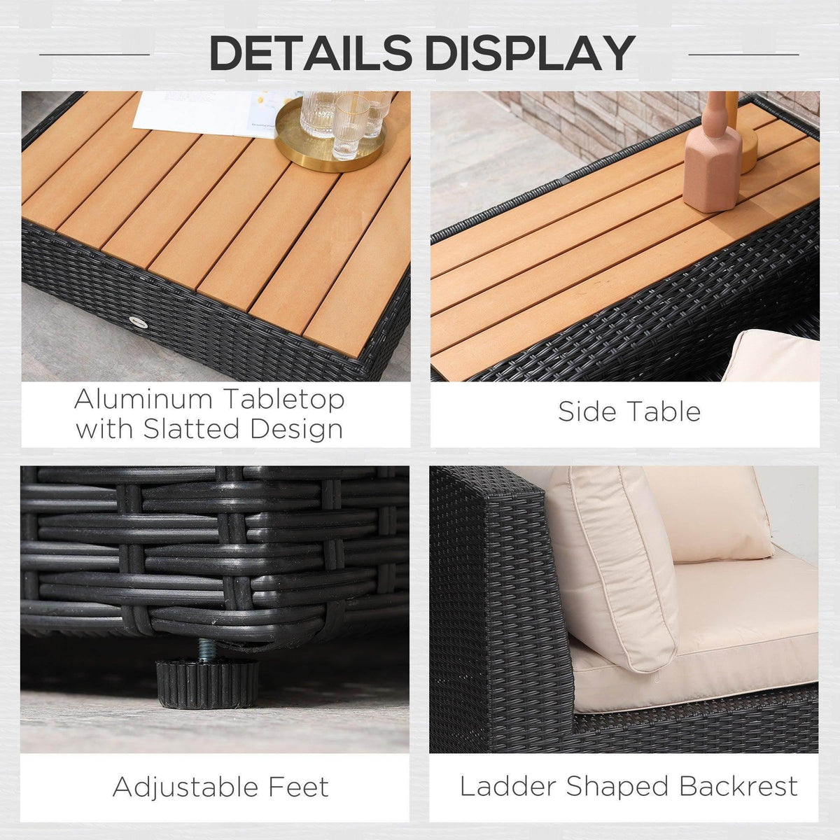 Outdoor rattan sofa set details: slatted tabletop, side table, adjustable feet