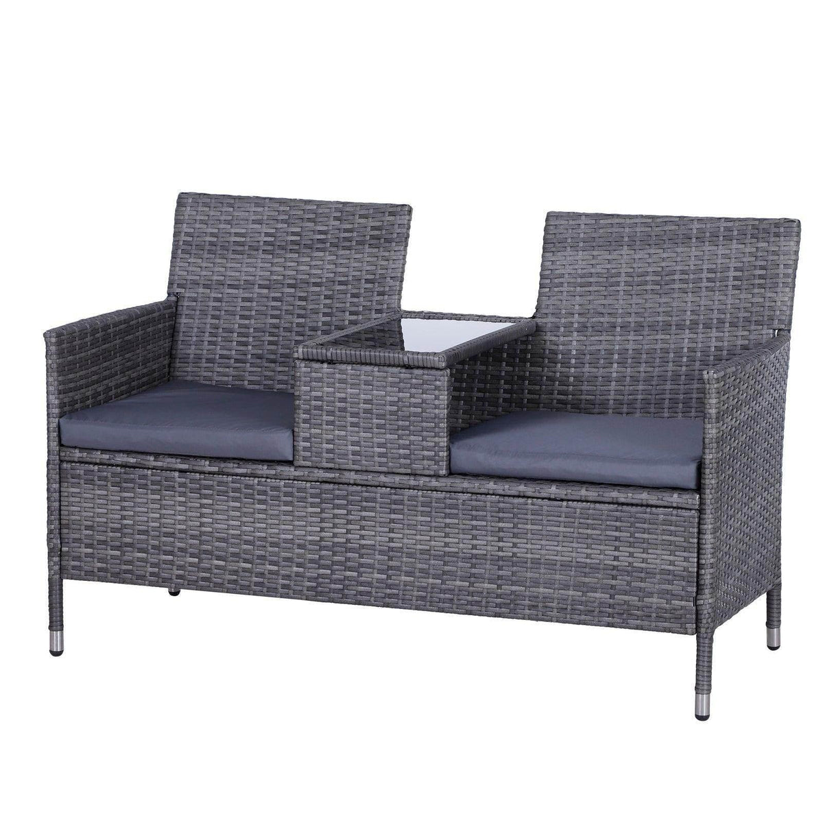 Grey outdoor rattan love seat with two seat cushions and matching glass-top side table