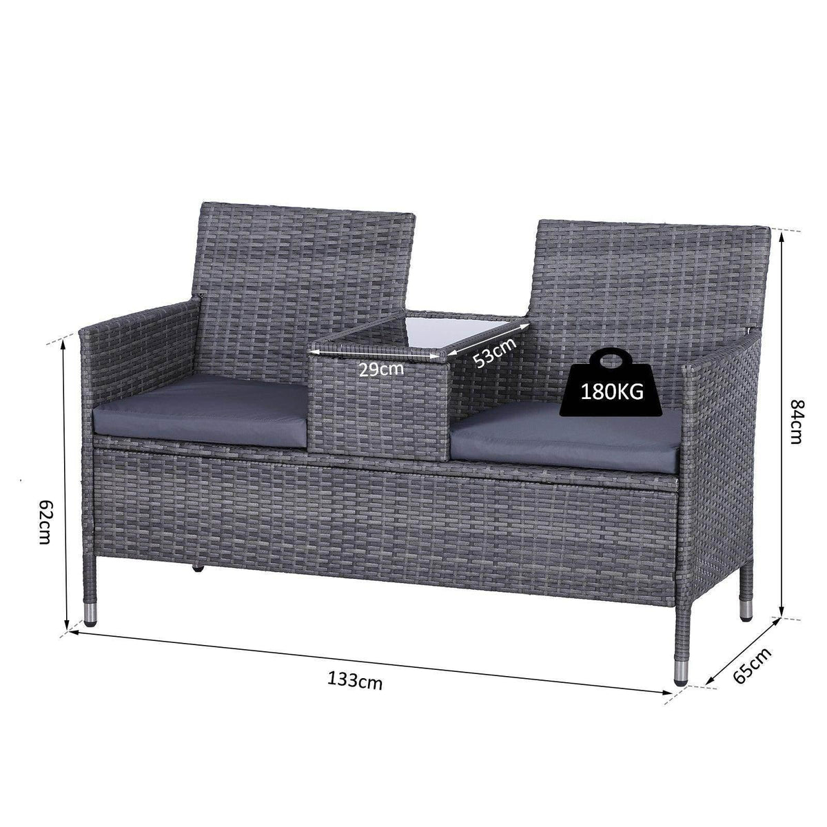Grey 2-seat rattan loveseat with removable cushions and central glass-topped side table