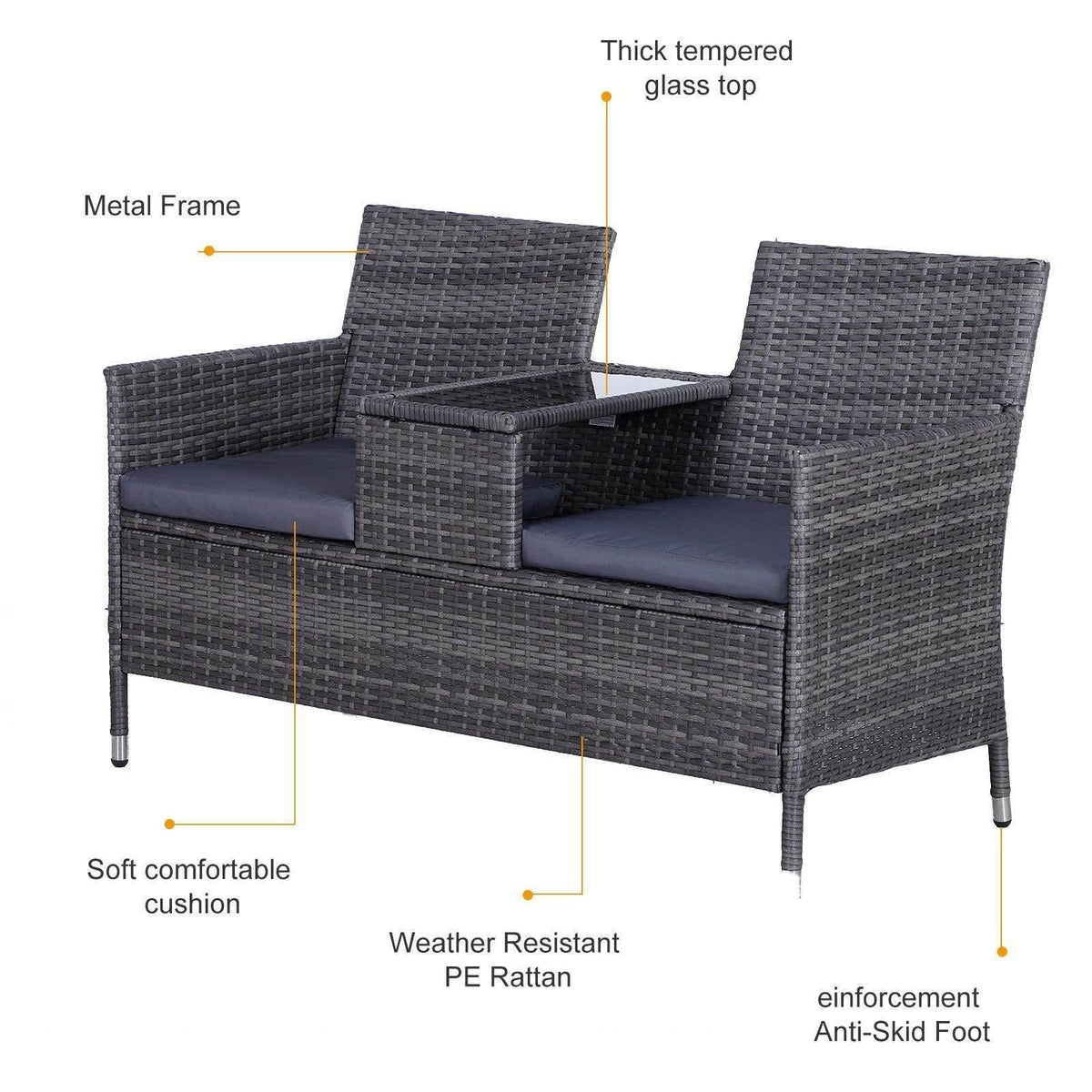 Grey rattan loveseat with metal frame, thick tempered glass top, and soft seat cushions
