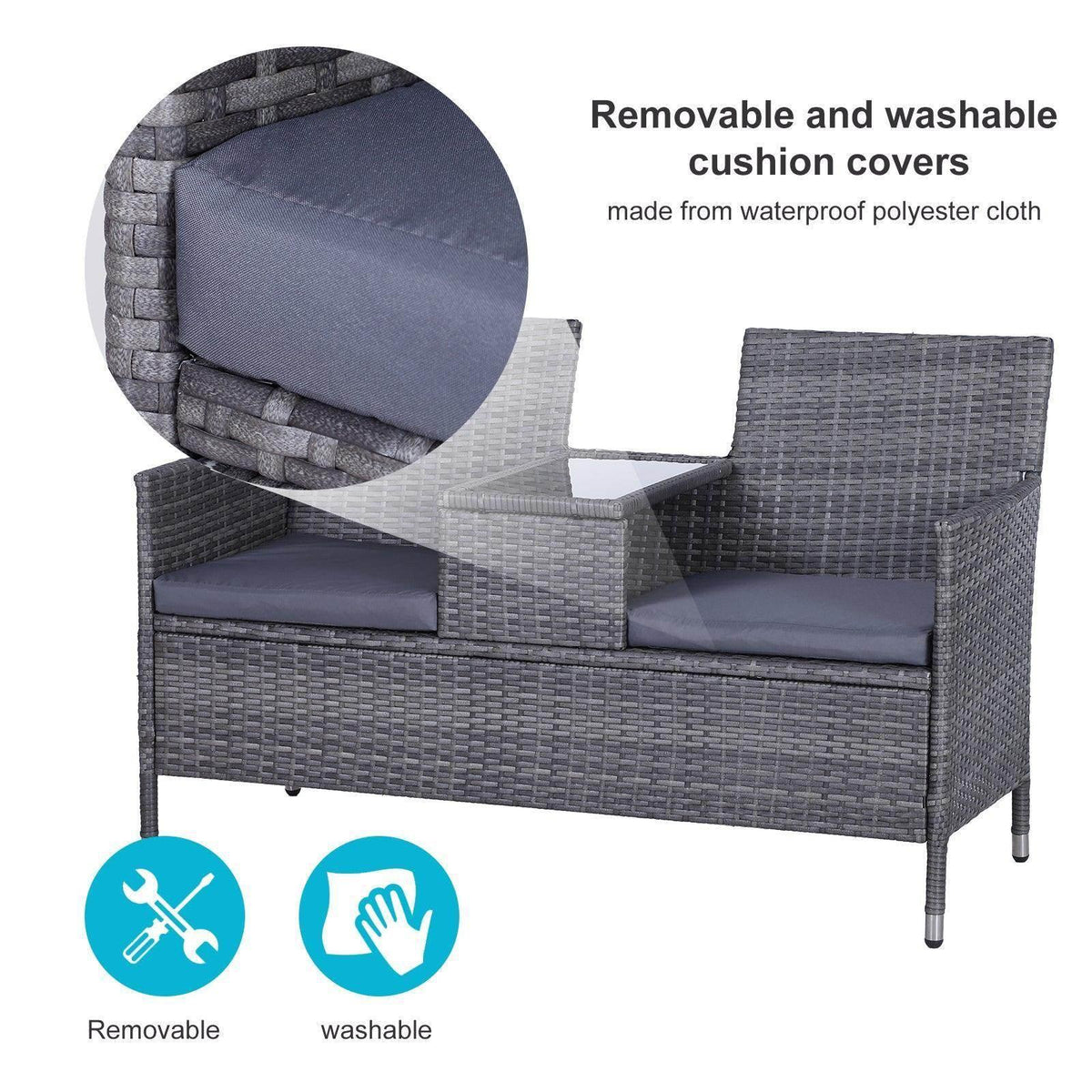 Grey rattan loveseat with removable, washable cushion covers in blue-gray fabric