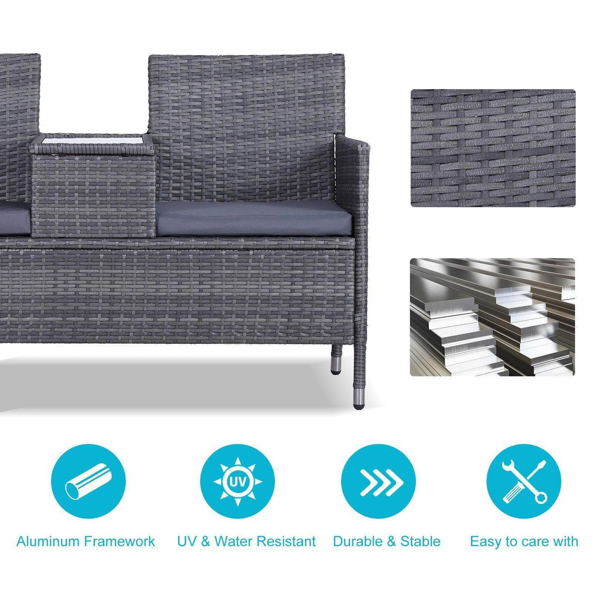 Grey rattan loveseat side detail with woven texture and corner reinforcement