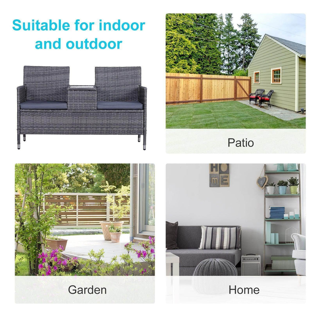 Grey outdoor rattan loveseat for indoor and outdoor use with two seat cushions