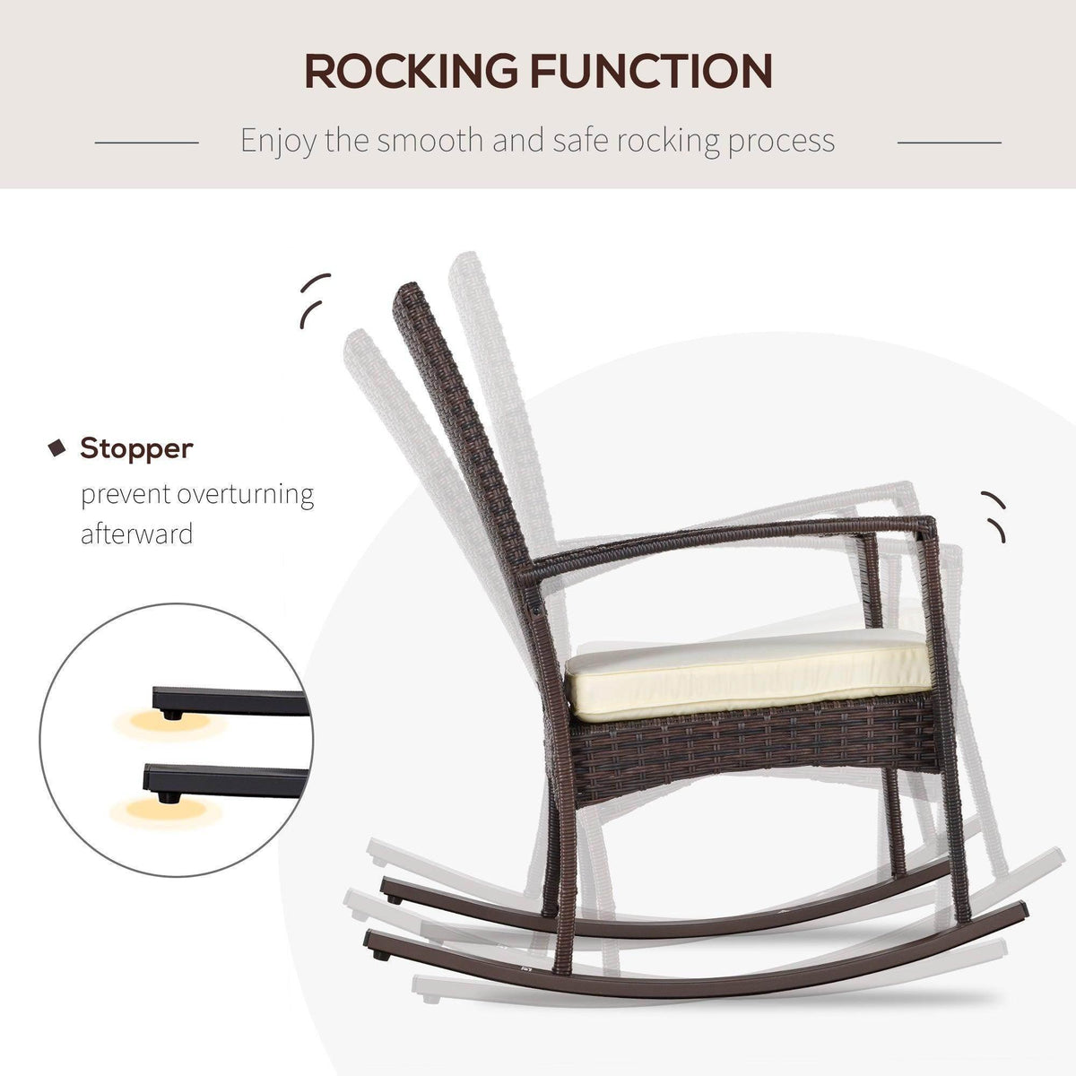 Brown rattan rocking chair showing rocking base with stopper feature