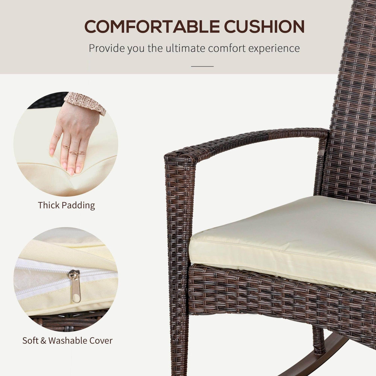 Brown rattan rocking chair with thick padded seat cushion and washable cover