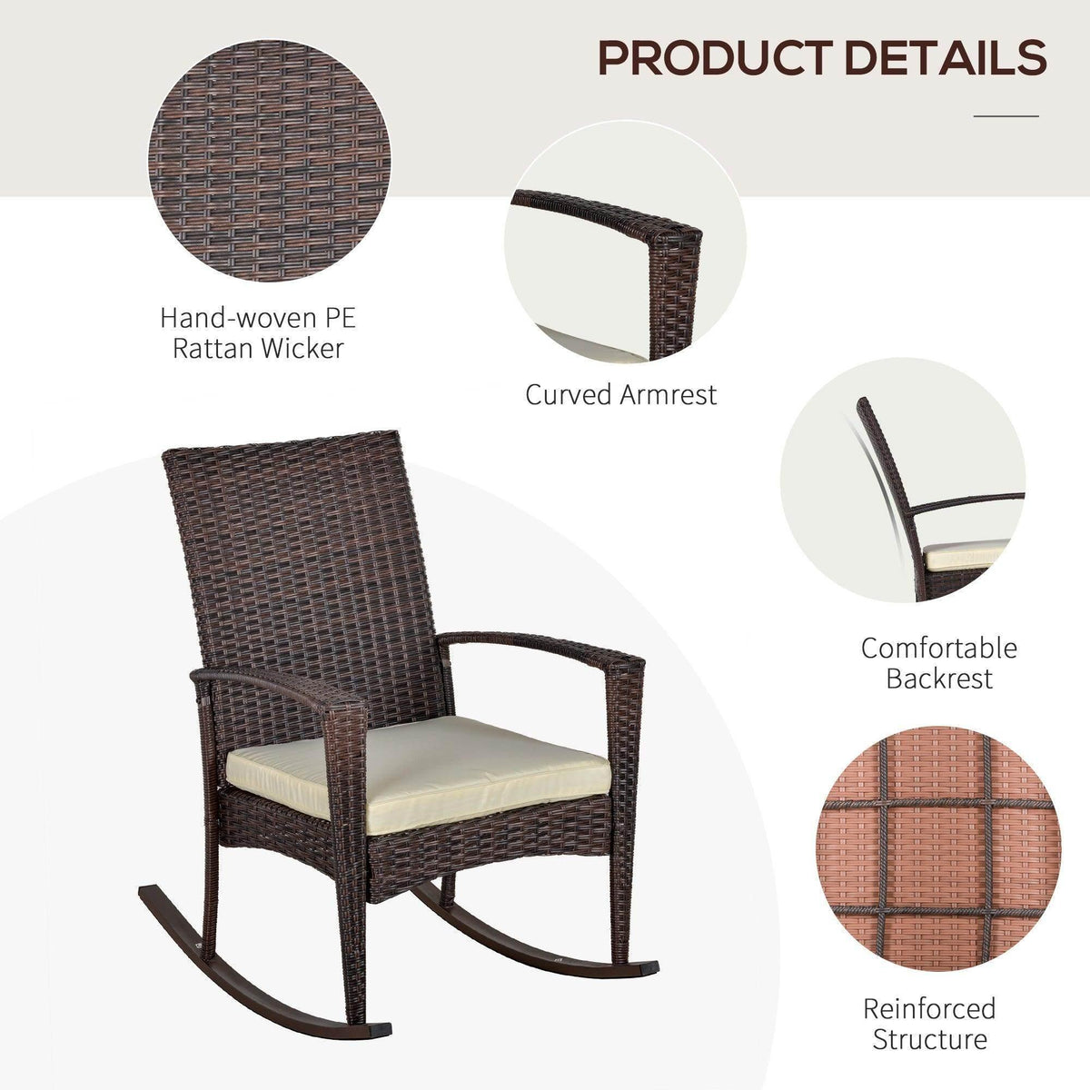 Brown rattan rocking chair with curved armrests and supportive backrest
