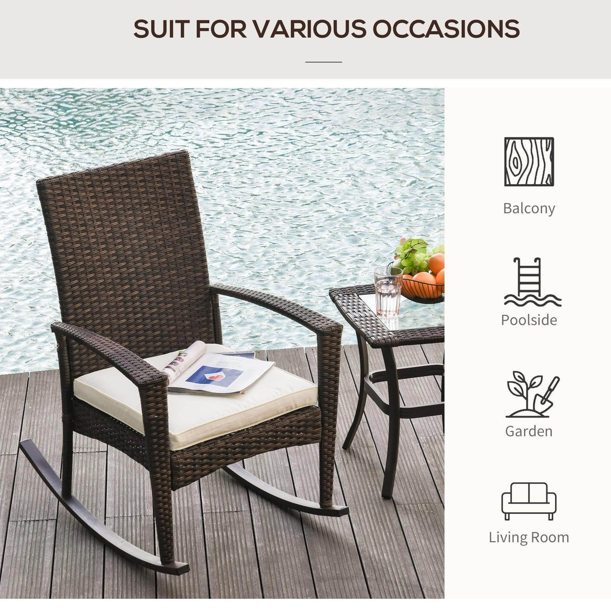 Brown rattan rocking chair on outdoor deck with beige seat cushion