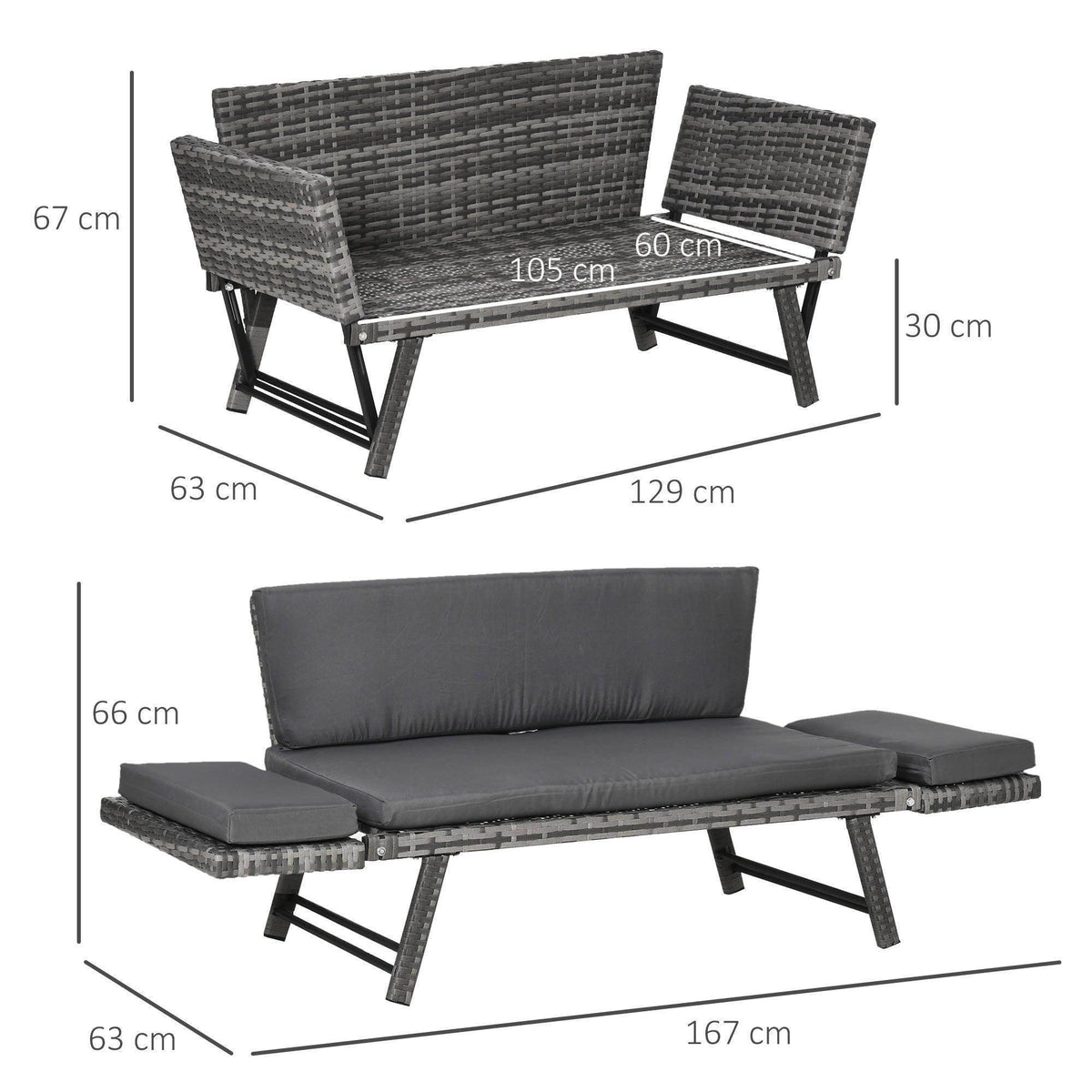 Outsunny grey rattan sofa bed with armrests and seat cushions, shown with size measurements