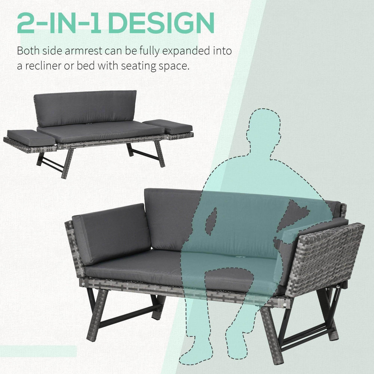 Outsunny grey rattan sofa bed with cushions, expanded recline/bed-style seating
