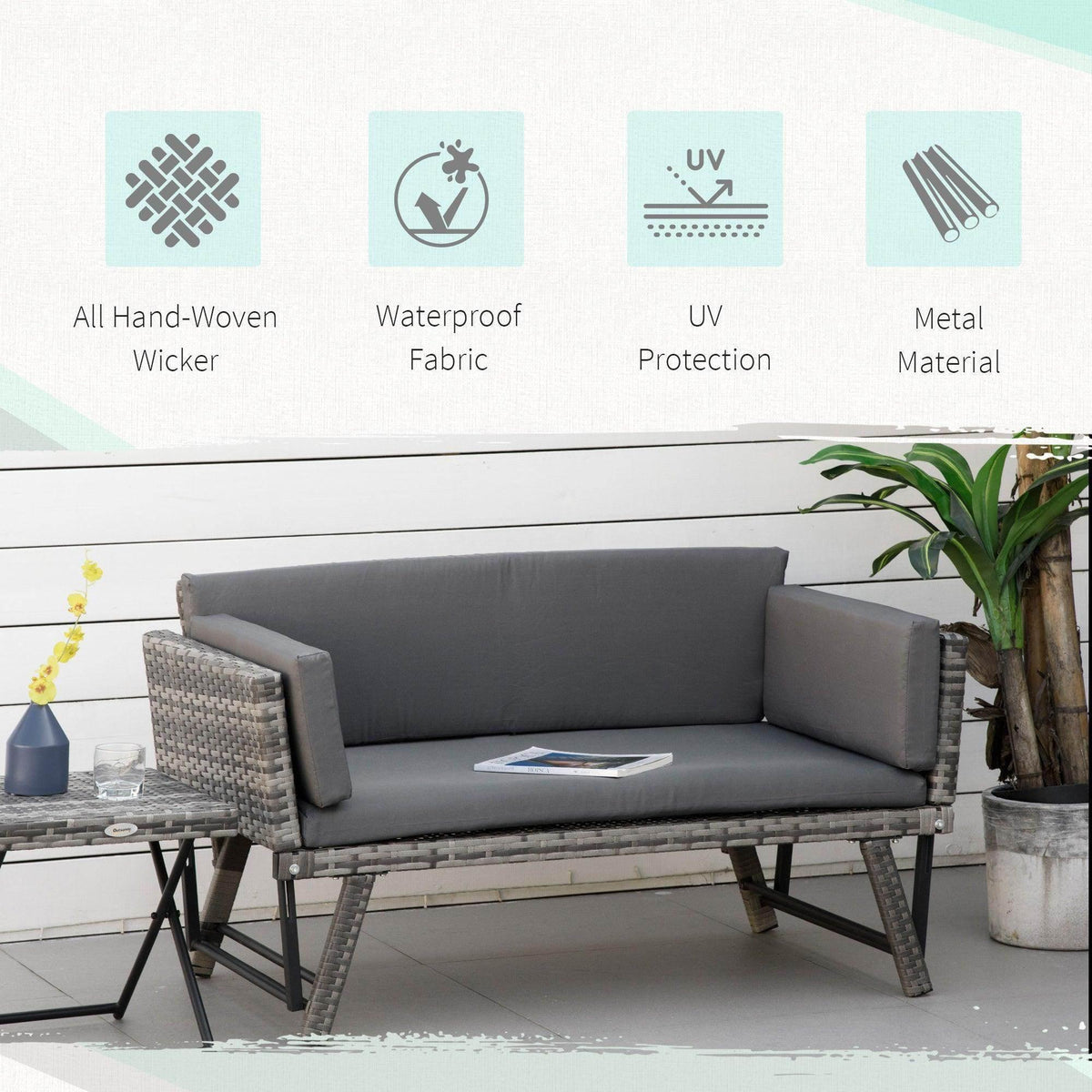 Outsunny outdoor rattan sofa bed with grey cushions and handwoven wicker armrests