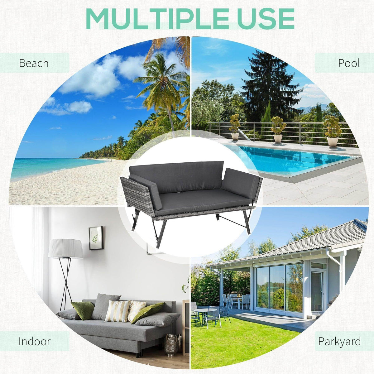 Outsunny outdoor rattan sofa bed with grey seat cushions in a multi-use layout
