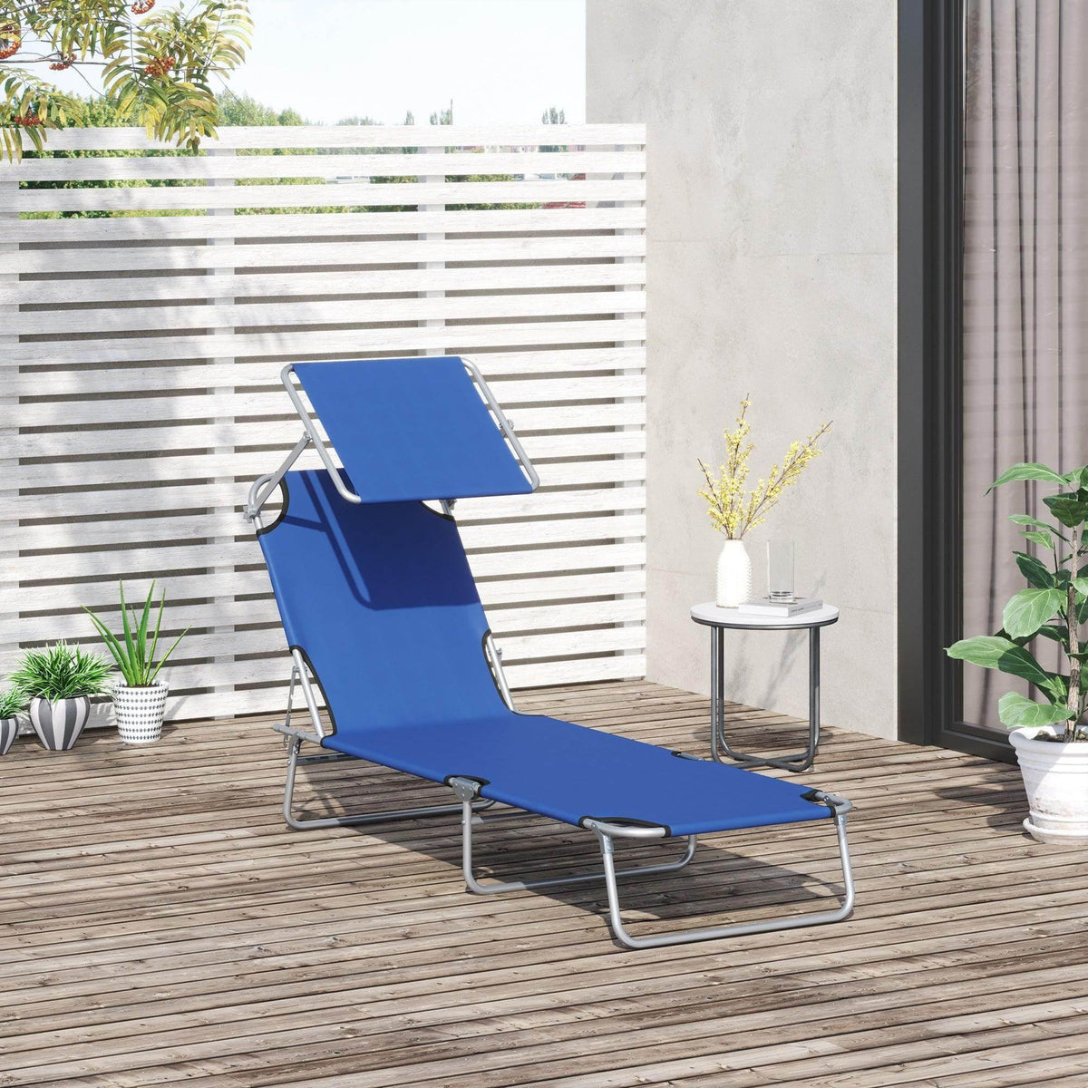 Outsunny outdoor reclining chair with sun shade, blue padded seat and backrest