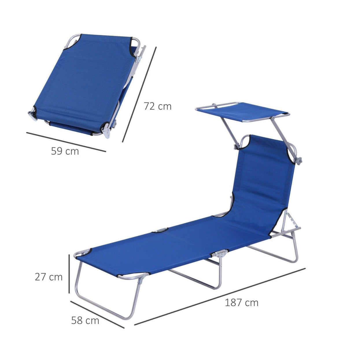 Blue folding outdoor reclining chair with sun shade, adjustable back and steel frame
