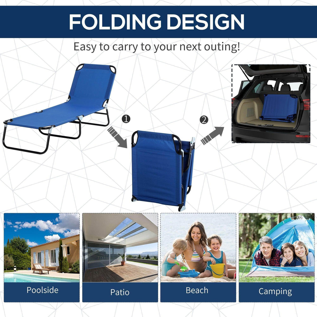 Folding outdoor reclining chair with sun shade, blue fabric and compact carry design