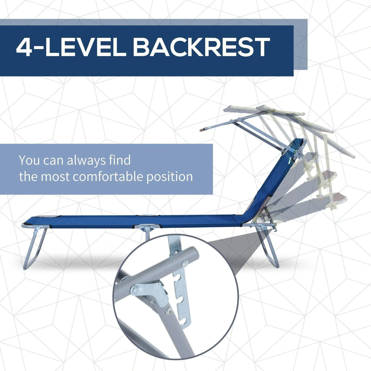 Blue 4-level adjustable outdoor reclining chair with sun shade, steel frame