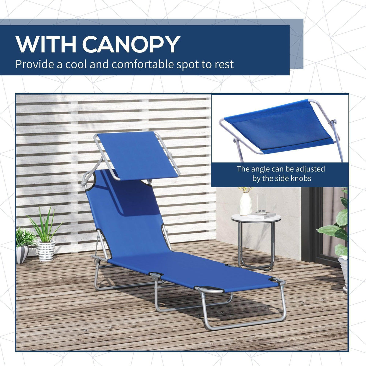 Outsunny outdoor reclining chair with sun shade, blue padded lounge cushion and arms