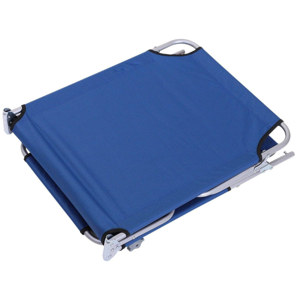 Blue folding outdoor reclining chair with sun shade, canvas seat and steel base