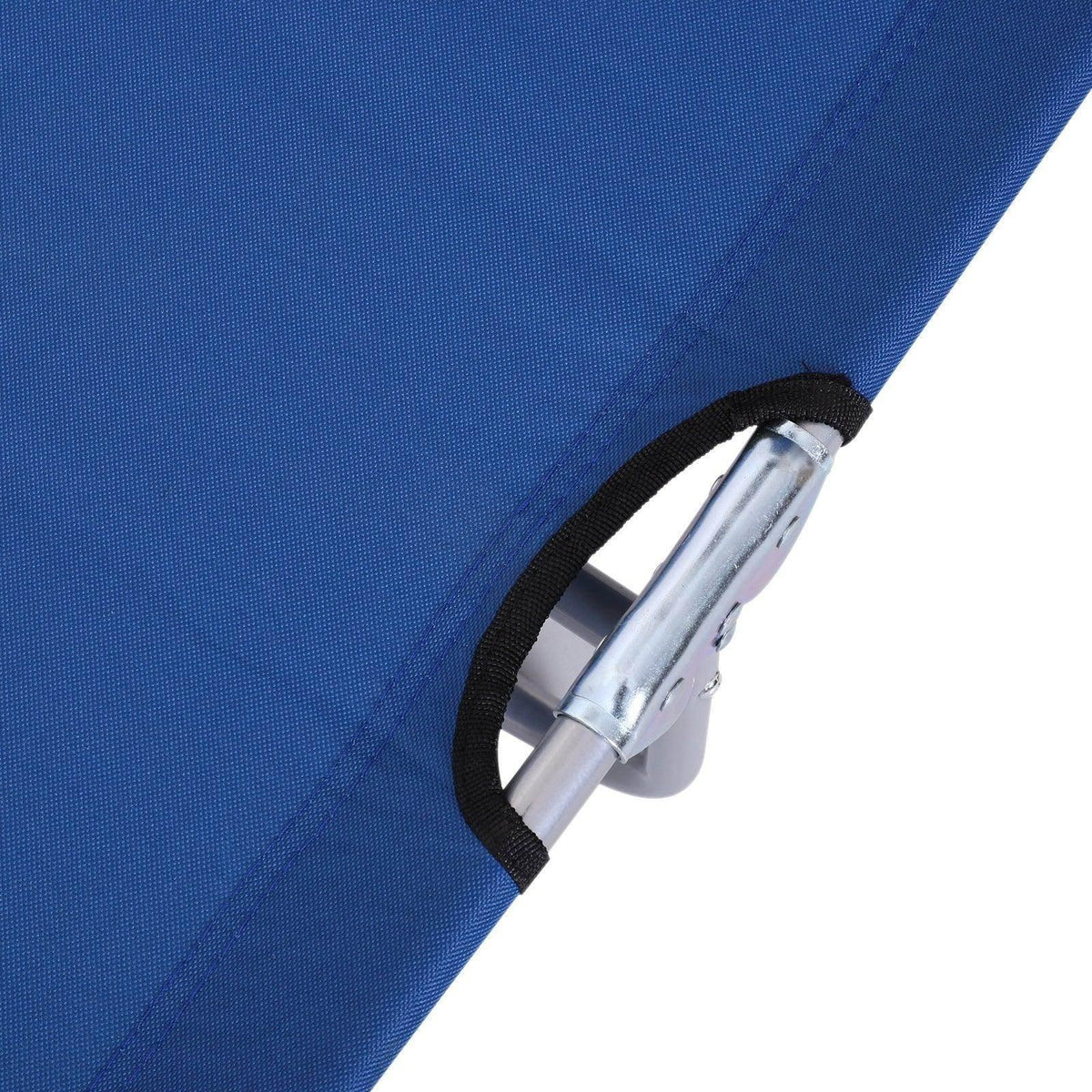 Blue chair fabric with black strap and silver steel support on sun shade model