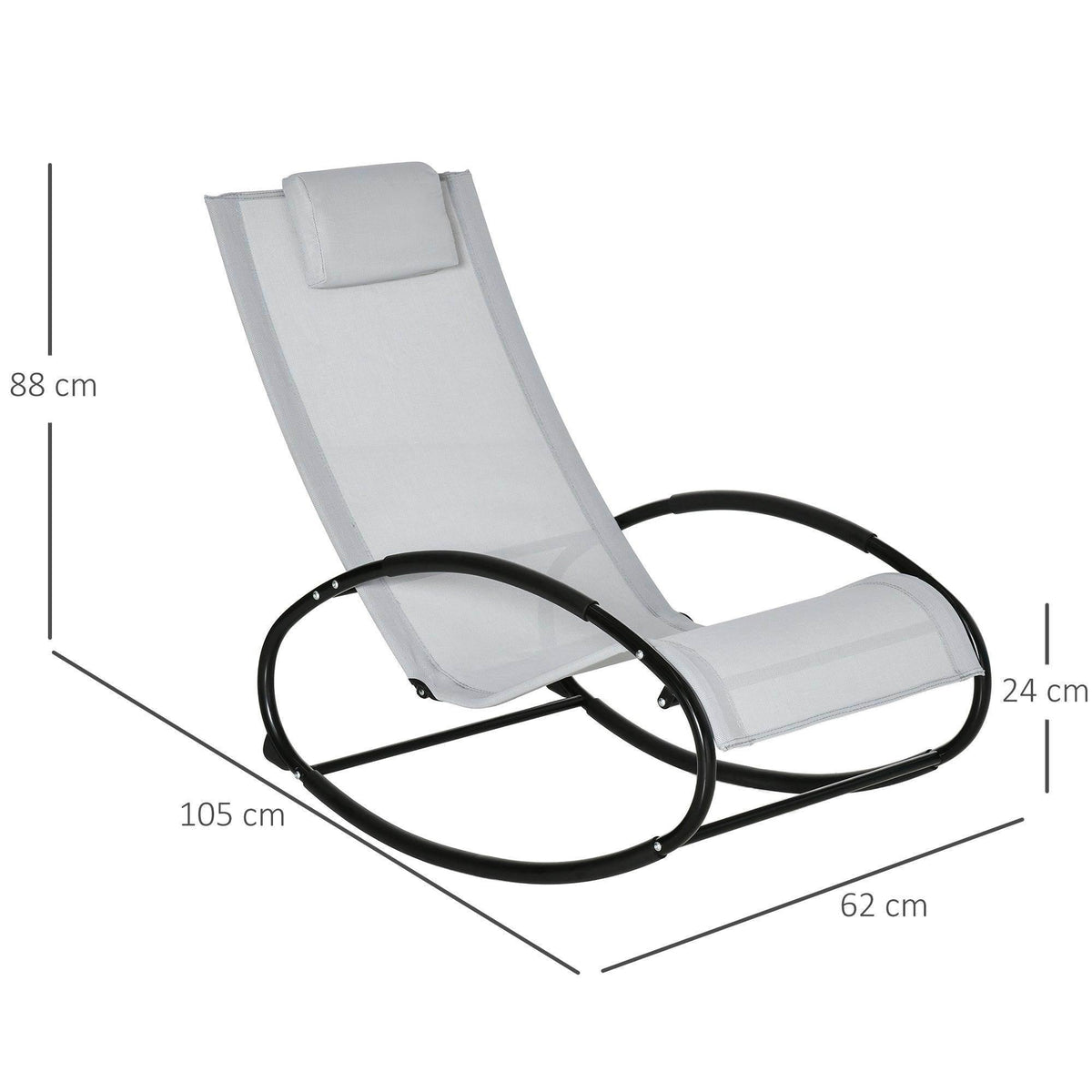 Light grey reclining rocking chair with padded headrest pillow and black frame