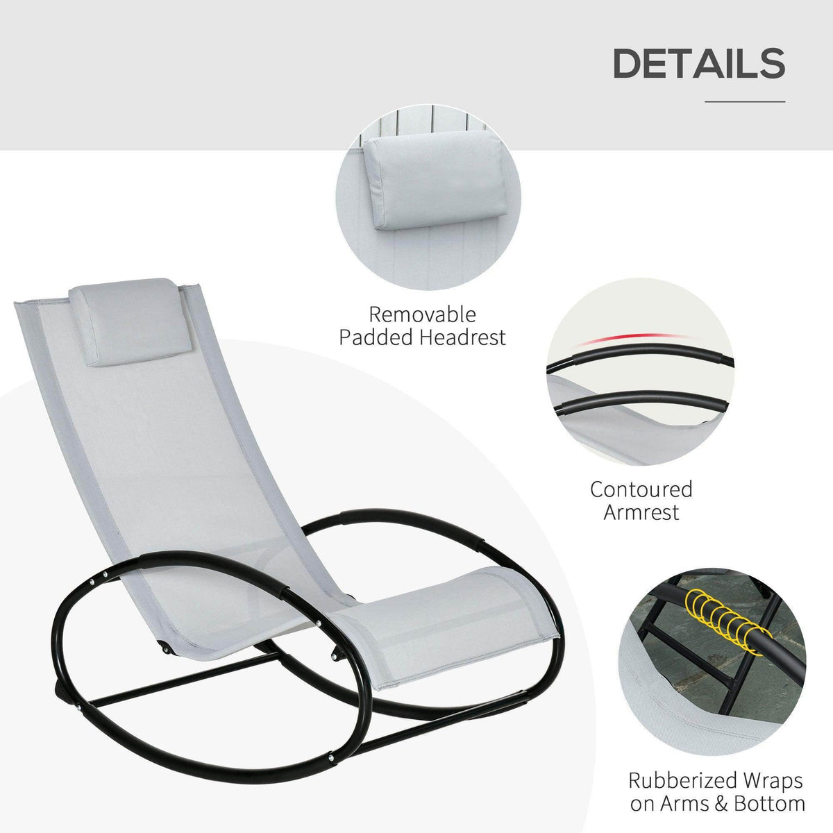 Grey rocking chair with removable padded headrest, contoured armrests, and rubber grips