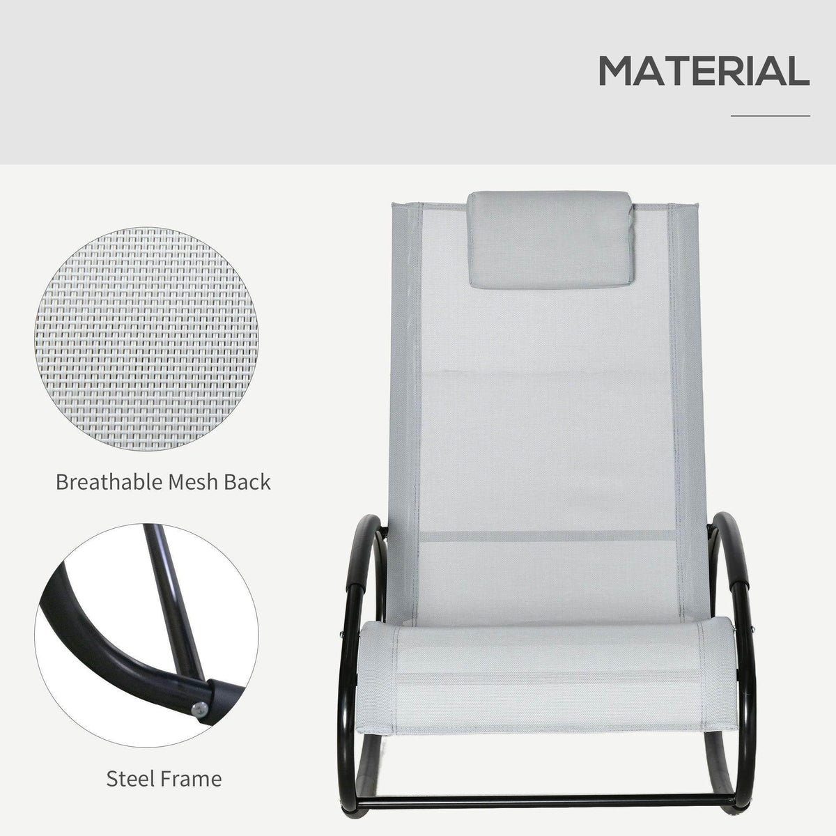 Grey rocking chair with breathable mesh back and black steel frame