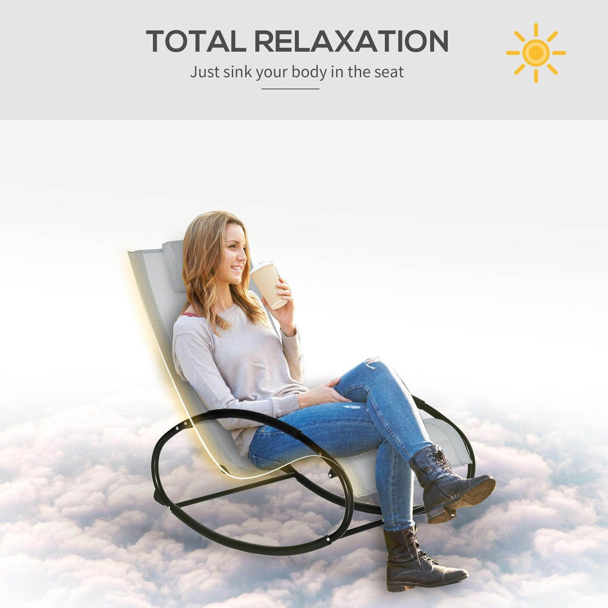 Grey rocking lounge chair with padded headrest and black curved steel frame