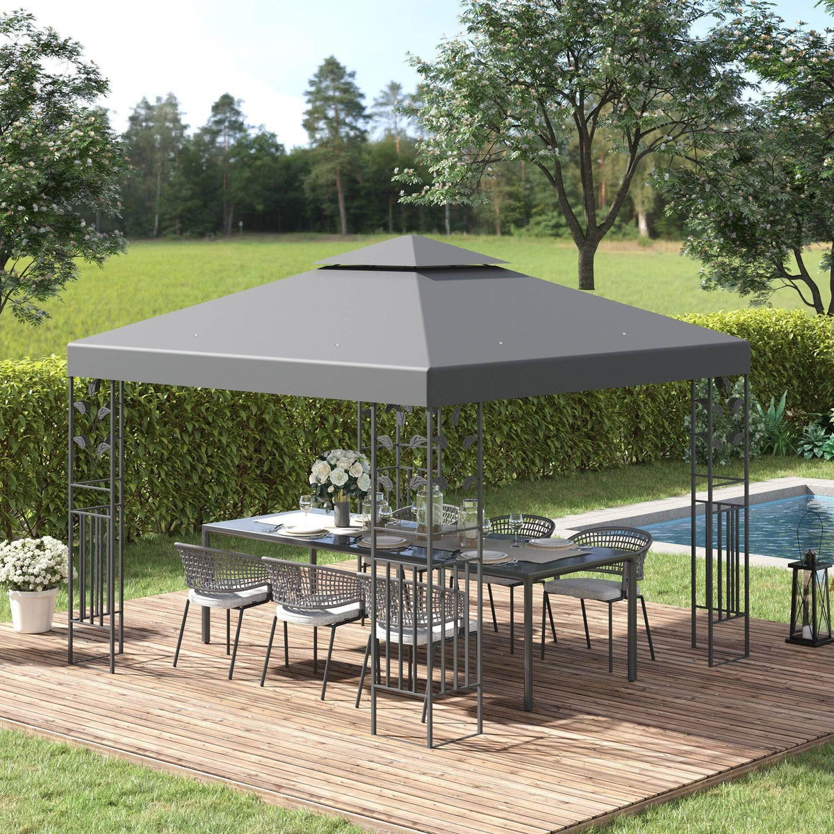 Grey outdoor steel gazebo with vented double roof and open side mesh panels