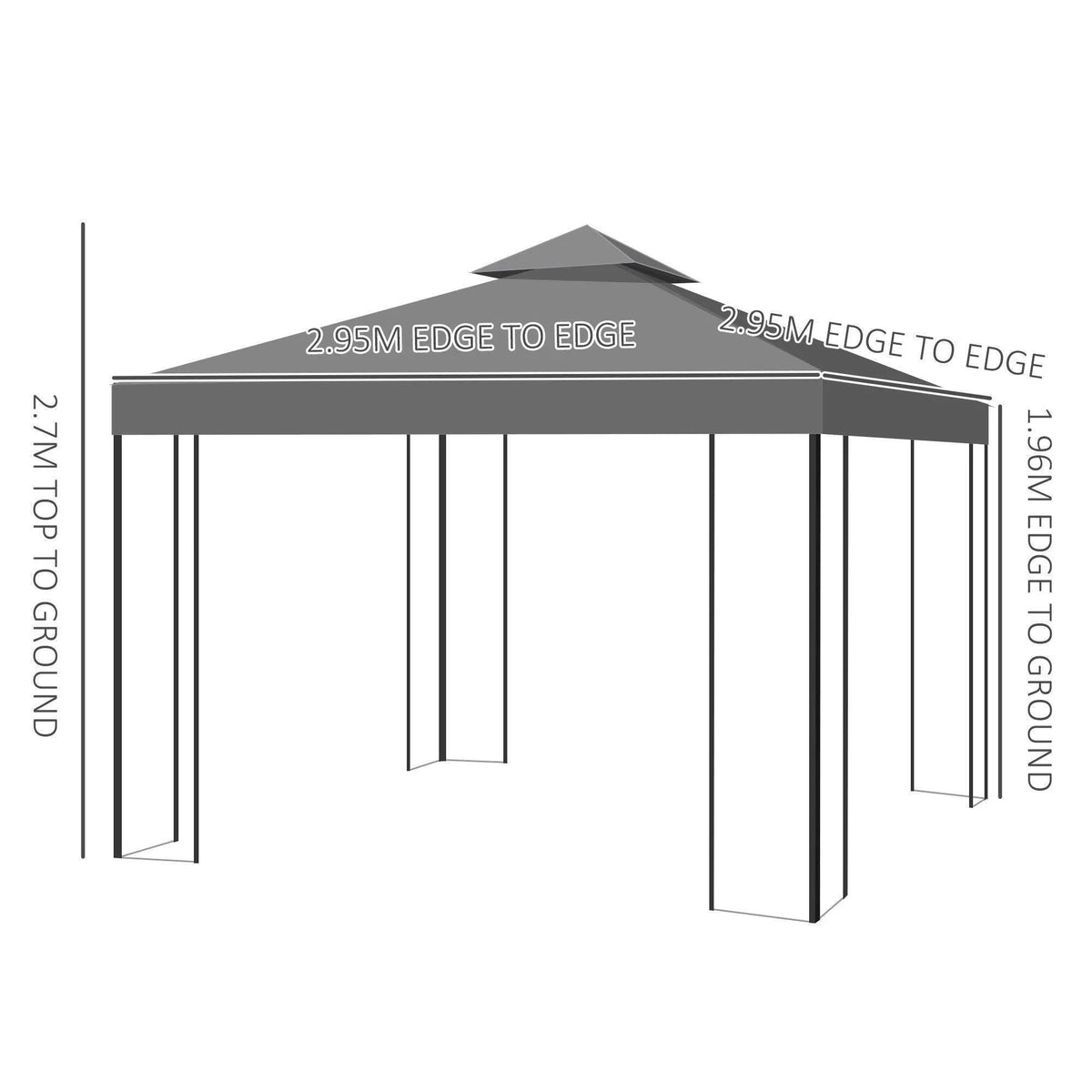 Grey steel gazebo frame diagram with vented canopy and open side posts