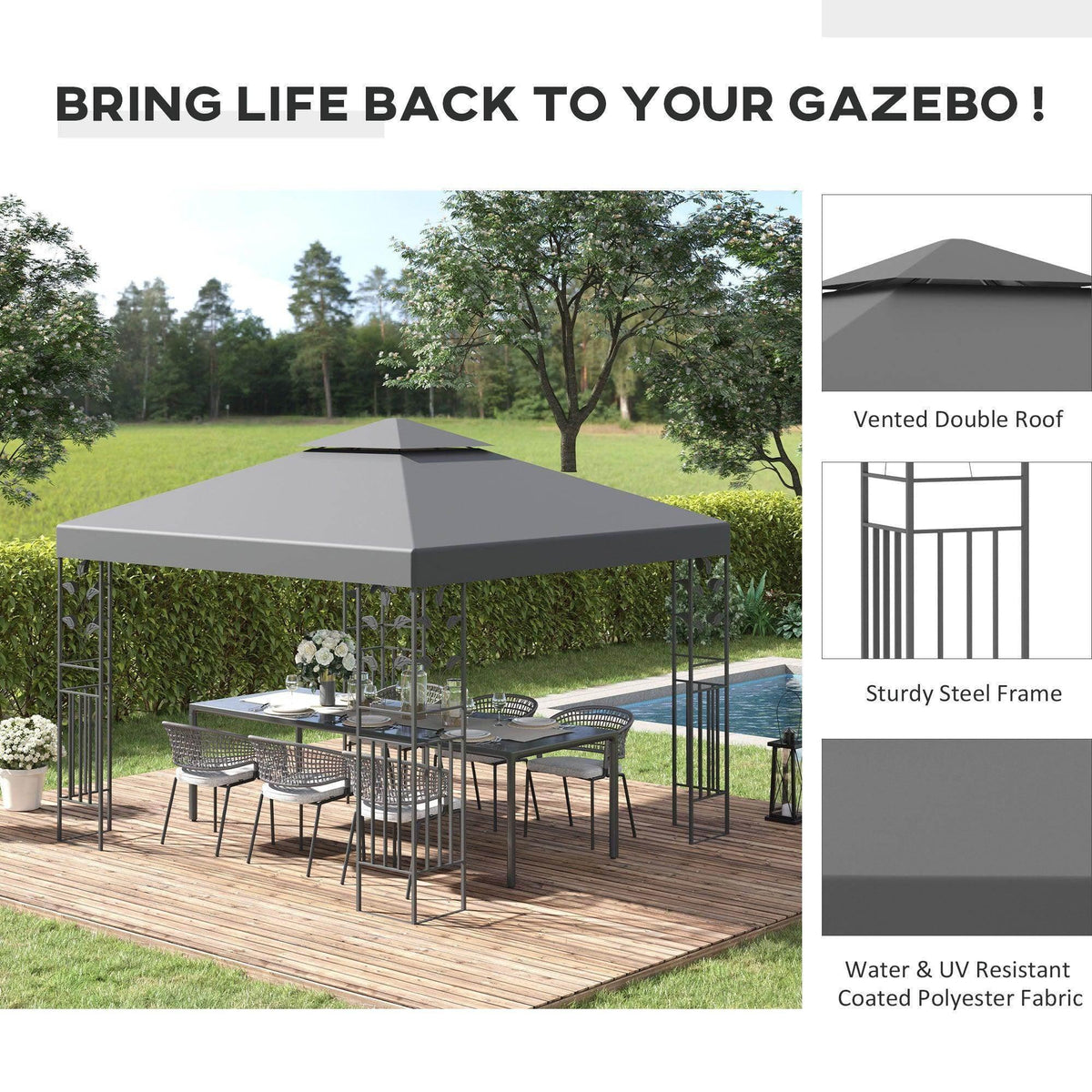 Grey outdoor steel gazebo with vented double roof and open side panels
