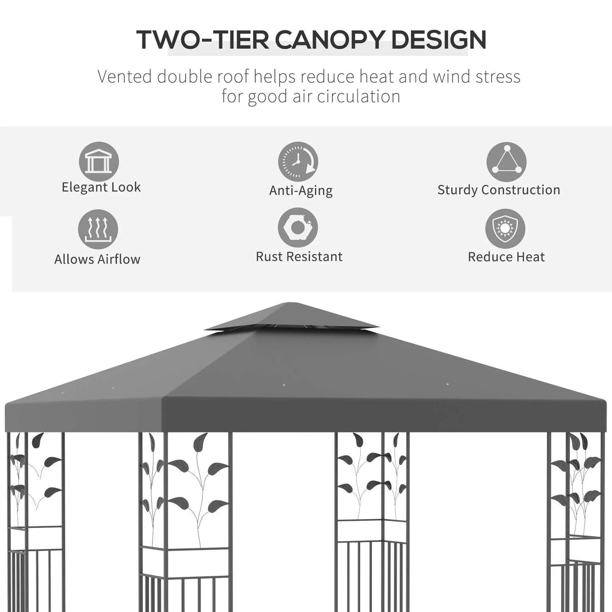 Grey two-tier gazebo canopy with vented roof and floral mesh side panels
