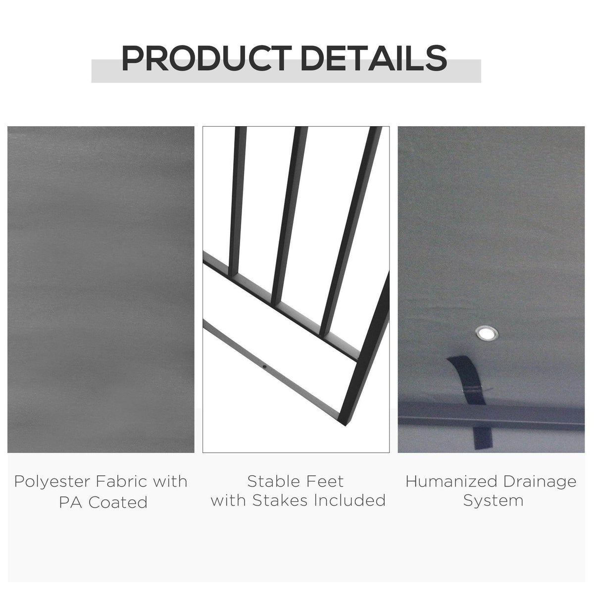 Grey gazebo details: PA-coated fabric, stable feet with included stakes, drainage system